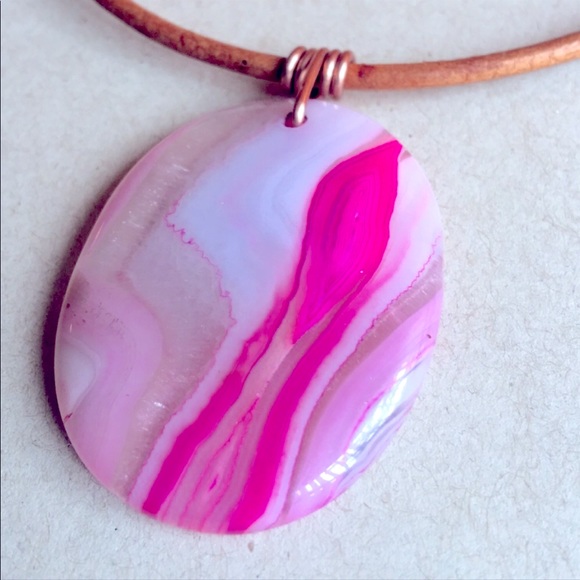 NEW Polished Agate Stone Pendant Copper Wire Wrap 16" Boho Choker Necklace - Picture 2 of 10